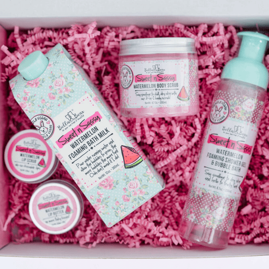 Bella and Bear Sweet n' Sassy Watermelon Gift Set with Foaming Shower Gel & Bubble Bath, Foaming Bath Milk, Body Scrub, Lip Butter & Lip Scrub