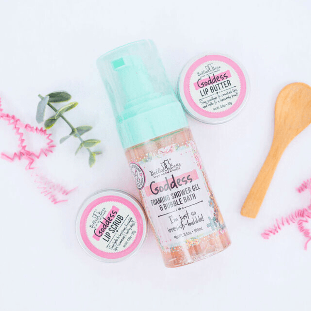 Bella & Bear Goddess Tropical Scented 2 in 1 Foaming Shower Gel & Bubble Bath, Lip Care Set, & Moisturizing Exfoliating Body Scrub Gift Set