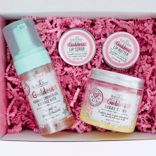 Bella & Bear Goddess Tropical Scented 2 in 1 Foaming Shower Gel & Bubble Bath, Lip Care Set, & Moisturizing Exfoliating Body Scrub Gift Set