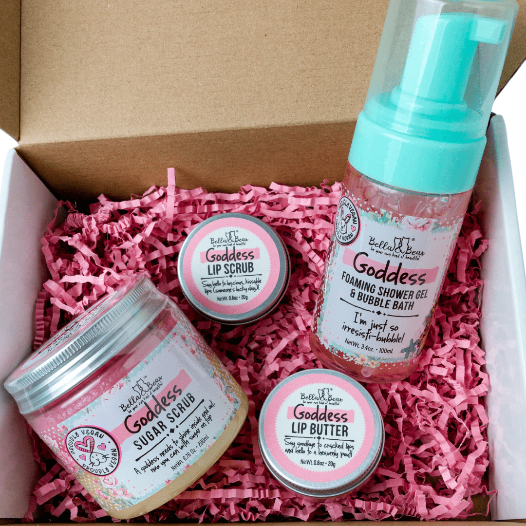 Bella & Bear Goddess Tropical Scented 2 in 1 Foaming Shower Gel & Bubble Bath, Lip Care Set, & Moisturizing Exfoliating Body Scrub Gift Set