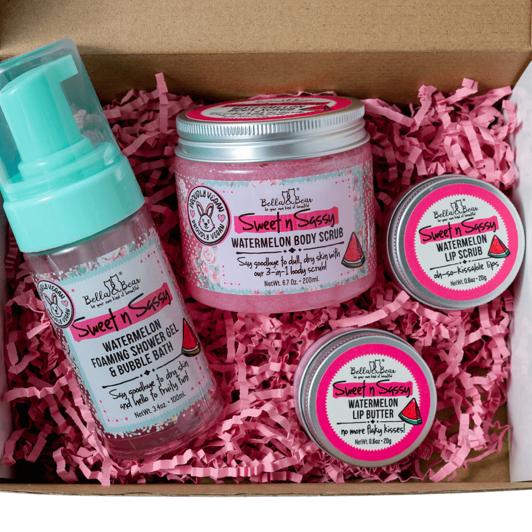 Bella & Bear Sweet 'n' Sassy Watermelon Gift Set Foaming Body Wash & Bubble Bath, Body Scrub, Lip Butter & Lip Scrub