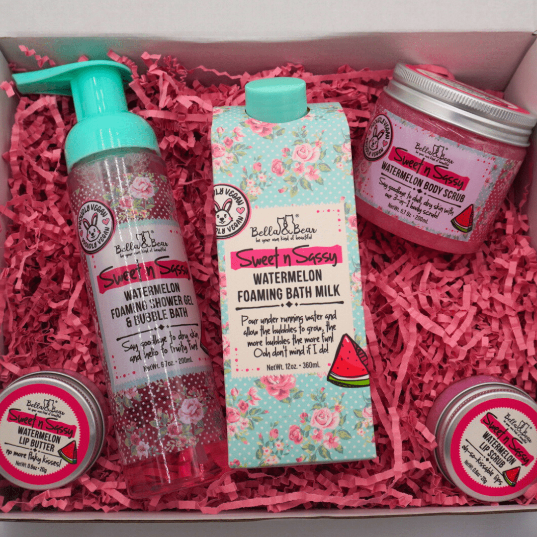 Bella and Bear Sweet n' Sassy Watermelon Gift Set with Foaming Shower Gel & Bubble Bath, Foaming Bath Milk, Body Scrub, Lip Butter & Lip Scrub